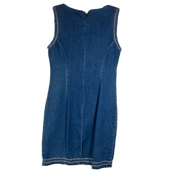 1990s Vintage Denim Shift Dress Daisy Embroidered Stretch Women's 6 Cottagecore - Picture 2 of 6